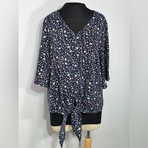 Awuliffan Boho Blue Floral 3/4 Sleeve Blouse Size Large Button And Waist Strap